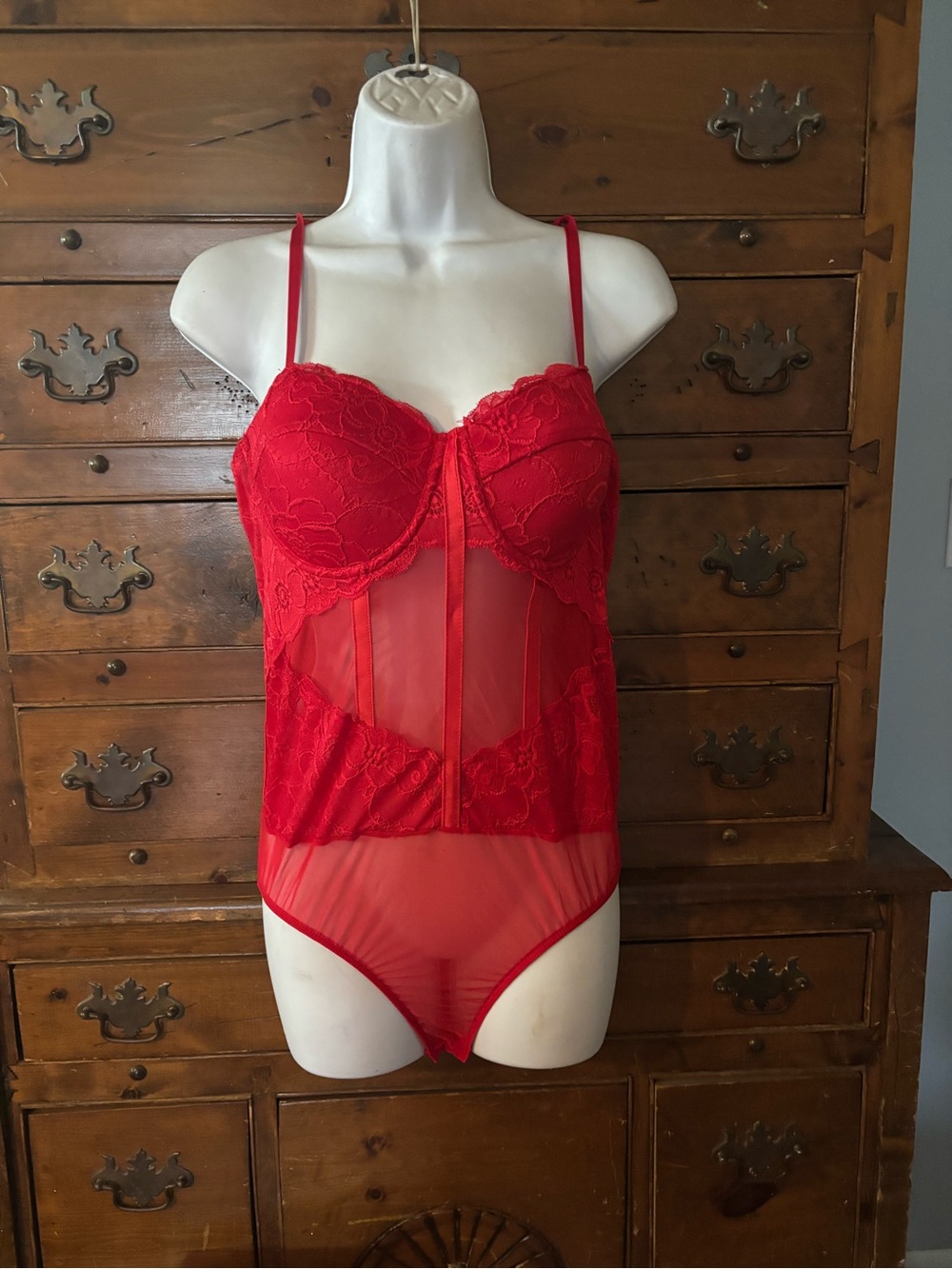 Red Lace & Mesh Bodysuit - Women Intimates Size L